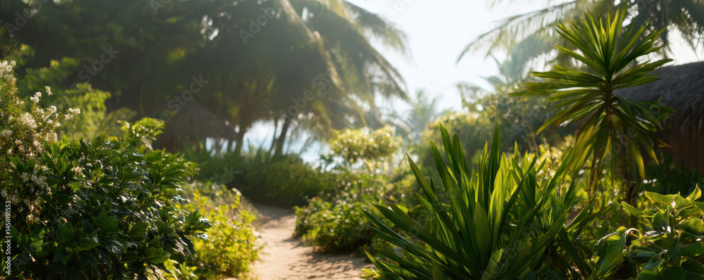 Lush tropical path with vibrant greenery and palm trees, leading to serene beach Lush tropical path with vibrant greenery and palm trees, leading to serene beach