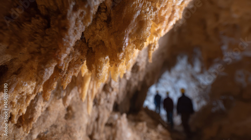 Cave explorers admire stunning stalactites in dimly lit cavern
