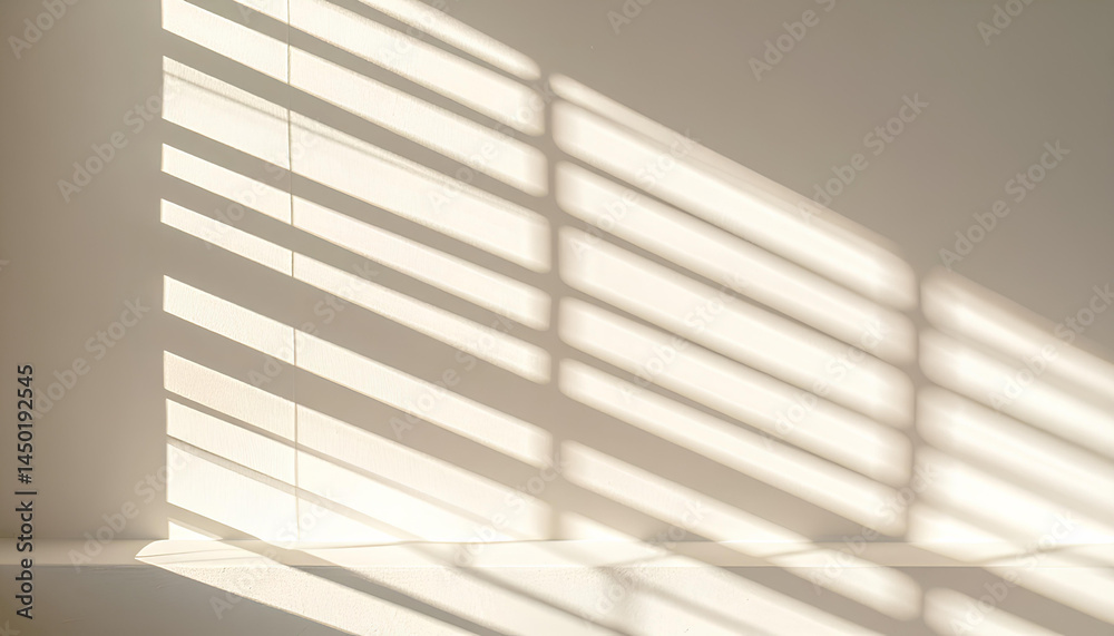 Fototapeta premium Minimalist shadow pattern of sunlight through blinds on white wall in natural warm lighting 