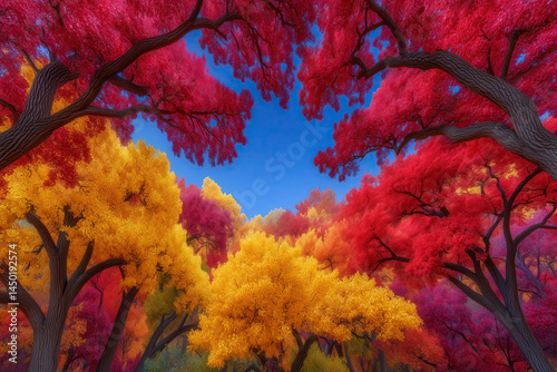 Autumn forest landscape, orange and red foliage, fall wallpaper