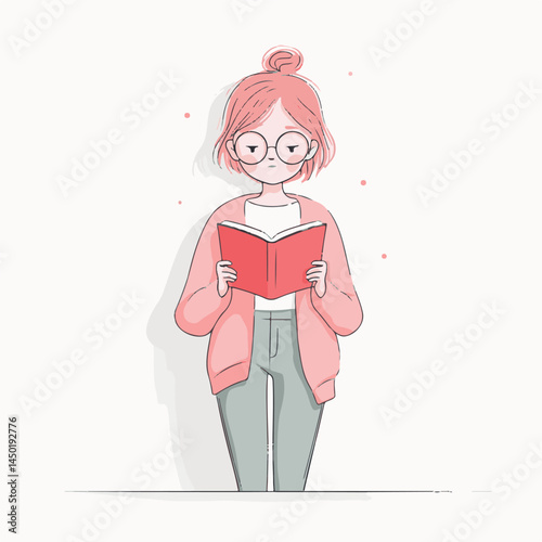 Girl wearing glasses reading book vector illustration
