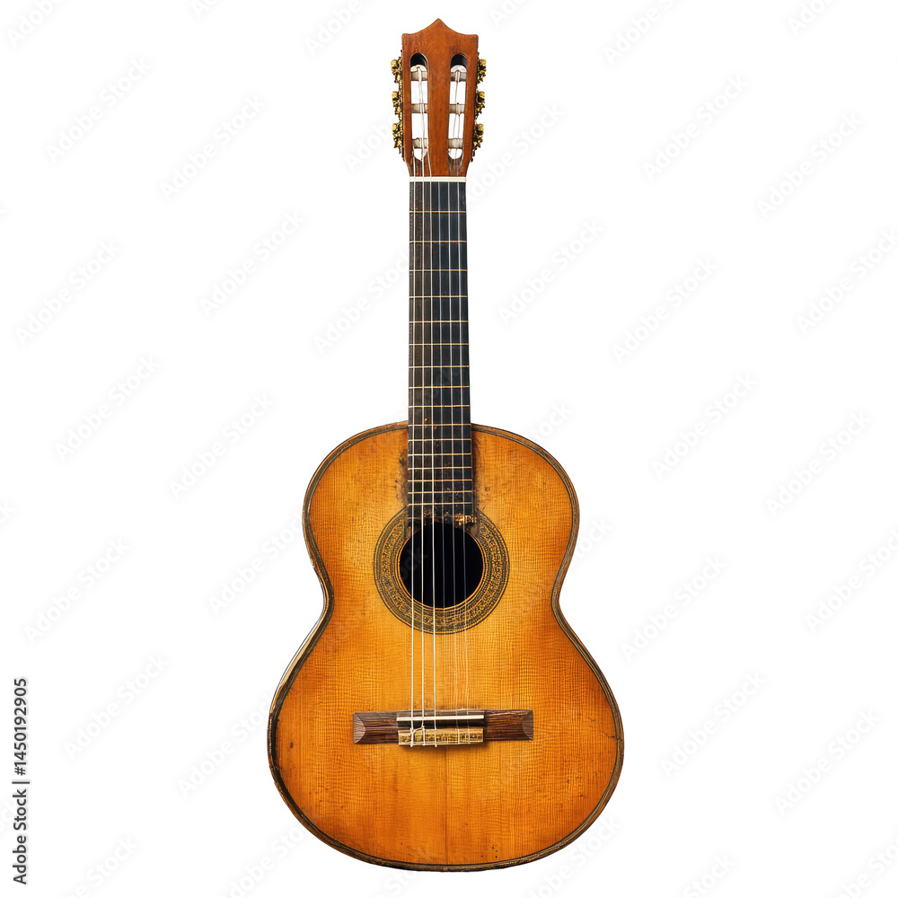 Fototapeta premium Vintage acoustic guitar, classic wooden design. Detailed view, showcasing fretboard, bridge, and soundhole
