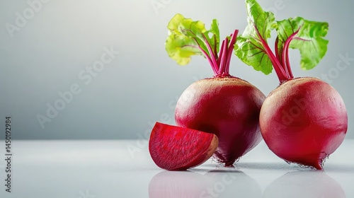 Clean composition of one whole and one cut beetroot, isolated and evenly lit on a white surface