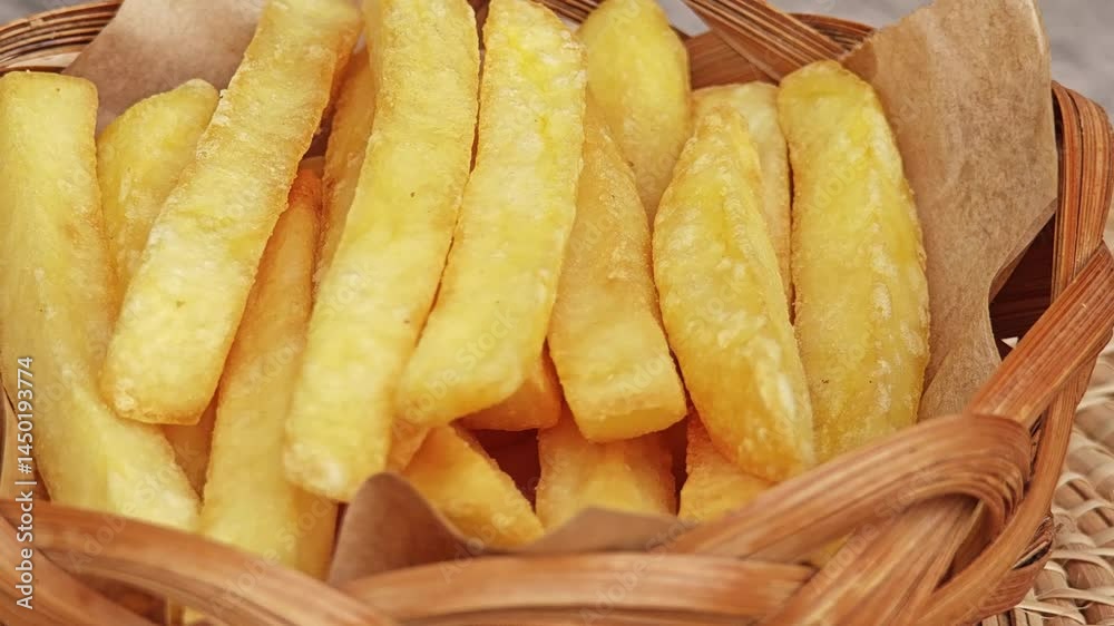 Pile of french fries on basket.
