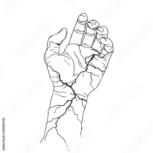 Cracked Hand Symbolizing Pain Line Art – Emotional Struggle Vector Illustration