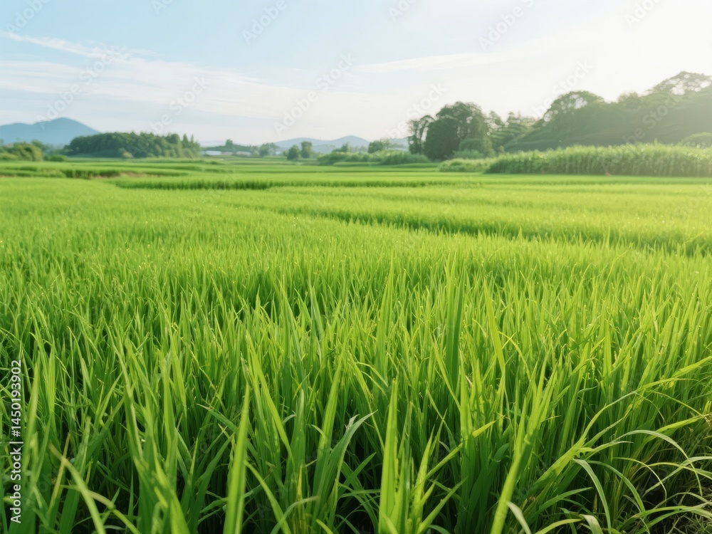 Lush Green Rice Paddy Fields Under a Clear Sky Lush Green Rice Paddy Fields Under a Clear Sky