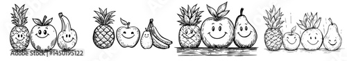 The cartoon depiction includes an apple, banana, orange, pineapple, and pear fruits