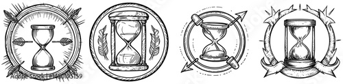 An isolated hourglass represents a time-management tool and measuring device, symbolized by a modern countdown timer outline icon and a vintage antique clock or watch that measures time