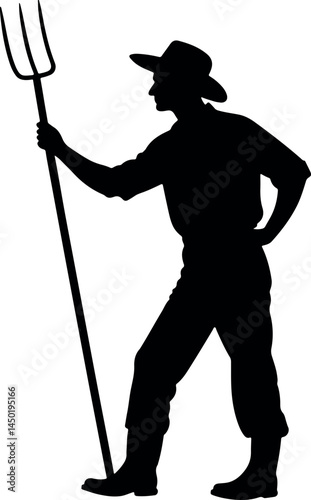 Striking Silhouette of a Determined Farmer Holding a Pitchfork – Iconic Rural Worker Vector Illustration for Agriculture, Farming, Countryside, and Heritage