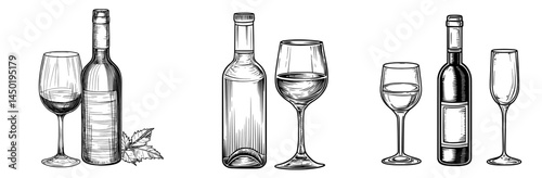 Modern winery product, aged wine dry light alcohol drink in glass bottle, thin line, represented by a bottle of white wine and glass isolated outline icon