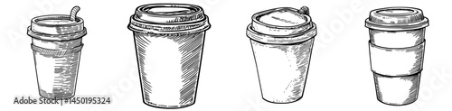 Modern takeaway packaging is represented by an isolated outline icon of coffee and tea cups with takeout drinks and a food delivery package