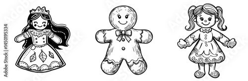 A modern Christmas cookie featuring colored icing is depicted as a holiday gingerbread woman, often found in a bakery food line or used as an icon, serving as a New Year treat or snack