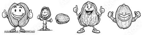A cartoon character of a walnut is depicted as a keto diet food, emphasizing organic and natural ingredients, as well as healthy nutrition, in a modern and happy smiling mascot