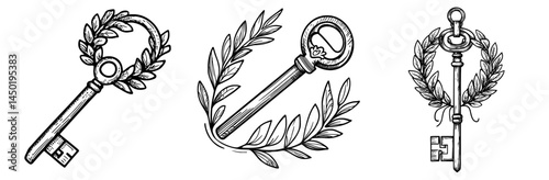 A keyword key adorned with a crown and laurel wreath, accompanied by seo and words search isolated outline icon, symbolizes modern meta data traffic, media content information, and keyword ranking