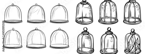 A glass dome, whether an isolated glossy bell sphere or a transparent cover, is depicted in realistic modern 3D, as a protective display or empty showcase
