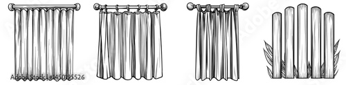 Vertical jalousie window curtains and isolated sunblind window-blinds are represented by an outline icon, along with modern multifacture blinds and bamboo curtains providing shade on a window frame