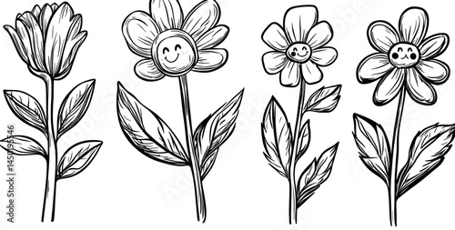Retro groovy flower characters, such as daisies and sunflowers, are depicted as cute and happy, accompanied by a set of vintage and funky flowers with smiling faces and sunglasses, all in a modern photo