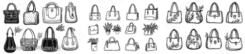 The modern and trendy female handbag collection features elegant and stylish fashion accessories for women, including a variety of leather purses, all presented in a modern isolated set with