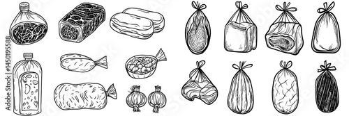 The plastic tray contains a meat product, accompanied by cartoon depictions of vacuum-sealed ground beef, pork sausage, and various cuts of steak, sausage, and bacon, both frozen and fresh