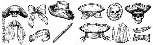 Pirate headgear set including corsair or sailor bandana and captain tricorn hats with cartoon carnival costume accessories featuring piracy skulls, crossbones, eye patch and red scarf