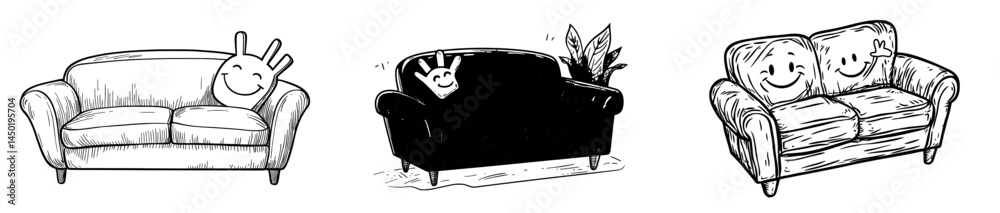 The cartoon character, a retro sofa personage, is shown wearing sneakers and sporting a big smile and expressive eyes as it points and waves