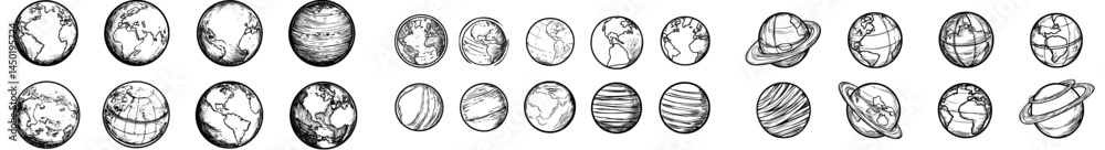 Obraz premium A modern globe collection features an abstract wireframe geometric planet earth logo that serves as a linear global worldwide network symbol, embodied in a modern round web sign, represented by a