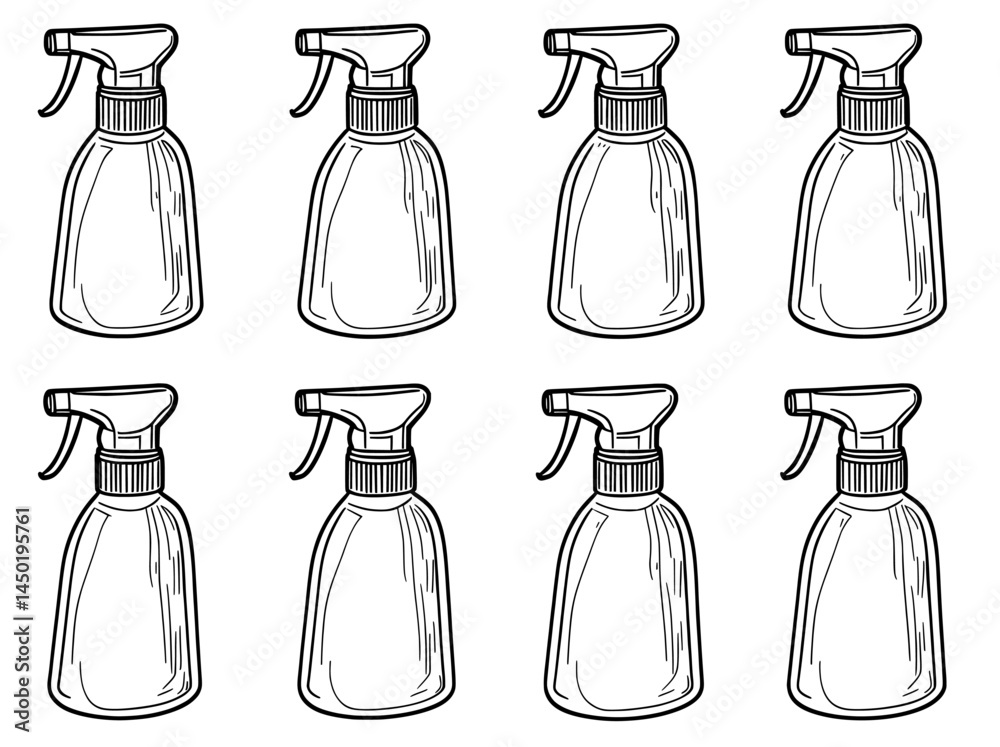 Bottle or cosmetic container spray caps, including modern white mockups of plastic dropper pumps for lotion, shampoo, or atomizer sprayers, and liquid soap dispensers with triggers and nozzles, are