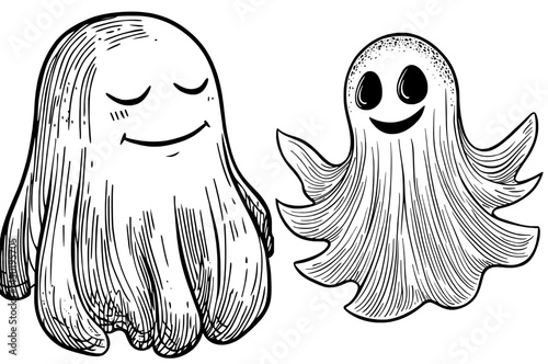 A simple and modern illustration of a friendly ghost, characterized by its closed eyes and smiling face, floating with open arms, is suitable as a Halloween character for children