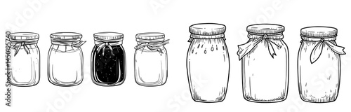 Line doodle-inspired jars are modern outline containers made of glass, empty and cute, with lids for storing homemade jam, pickled vegetables, and sweet food