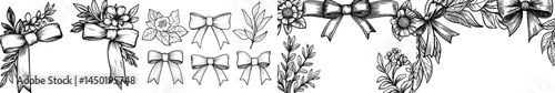 The design features a bow frame with a vintage ribbon border, a doodle decorative outline, and minimalist bowknot borders, suitable for wedding invitations or Valentine's Day celebrations with a