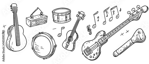 Doodle music instrument icons. Hand drawn funny guitar piano saxophone trumpet, childish sketchy musician melody tools elements. Modern instruments isolated set
