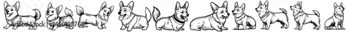 Modern illustration of corgi dogs featuring a cute border with a doggy and puppy cartoon character, showcasing a funny welsh dog with a happy face and playful puppies displaying different emotions