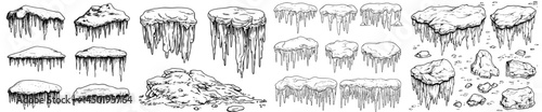 Modern isolated winter decorations including cartoon Christmas snow, ice, snowflakes, and icicles are on display, along with snowballs, frost, and snowy frames, featuring cold frozen snow caps and