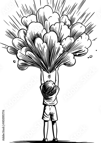 A child's silhouette is set against an abstract explosion background in a black and white art style