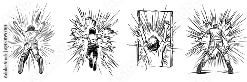 Black and white art illustration featuring the silhouette of a child set against an explosive abstract background