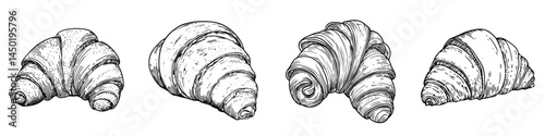 A hand-drawn sketch of a French roll, specifically an isolated croissant, is depicted as a modern crescent-shaped roll that can be paired with jam or chocolate