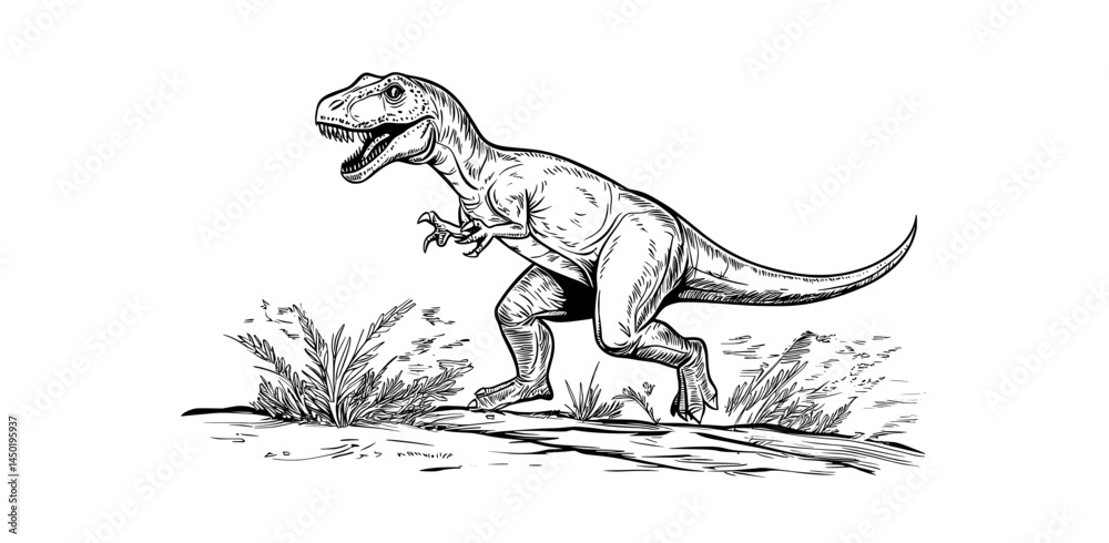 Fototapeta premium The illustration features a T-rex as a black and white cartoon dinosaur silhouette, created in a playful style