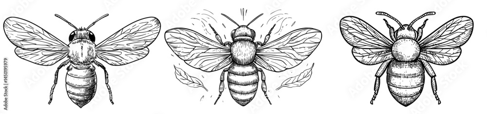 Obraz premium Modern illustration in black and white depicting a bee with intricately detailed wings and a striped body
