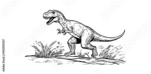 The illustration features a T-rex as a black and white cartoon dinosaur silhouette, created in a playful style