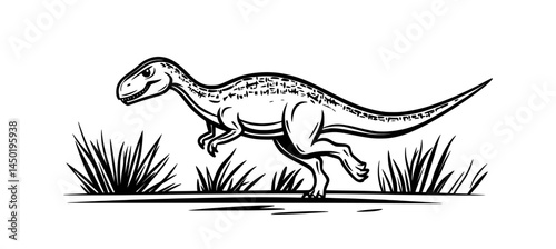 A black and white silhouette illustration depicts a dinosaur with sharp claws and teeth