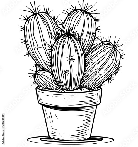 Illustration of a potted cactus with spines and ornamental design in black and white silhouette