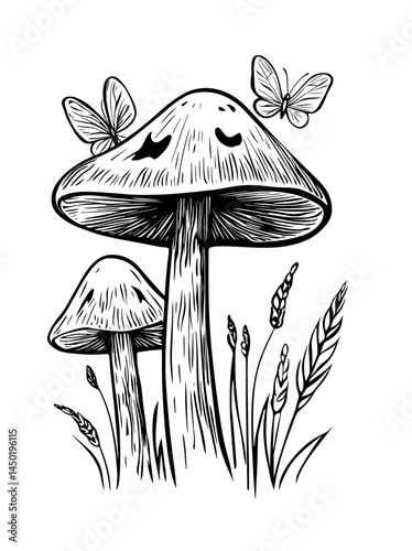 An illustration that draws inspiration from nature is created using a black and white silhouette of mushrooms and butterflies