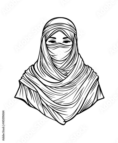 A woman in a hijab is depicted in a minimalist modern silhouette, highlighting elegance and cultural beauty