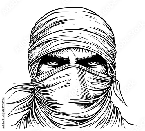 A ninja face is shown in a black and white illustration, wearing a bandana and displaying intense eyes