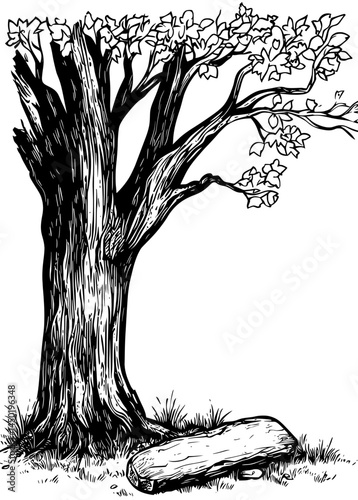 A large tree with intricate branches and foliage stands out against a white background in a striking silhouette