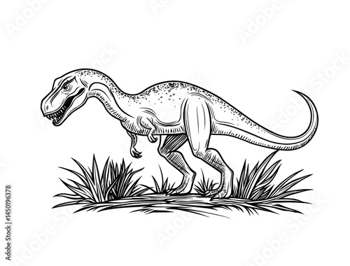 A dinosaur running through grass is depicted in a dynamic silhouette, conveying the raw power of prehistoric wildlife