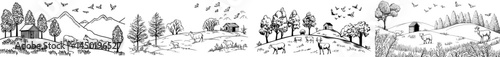 A peaceful rural scene is depicted in the silhouette, complete with animals, trees, and a small shelter set against a clear sky