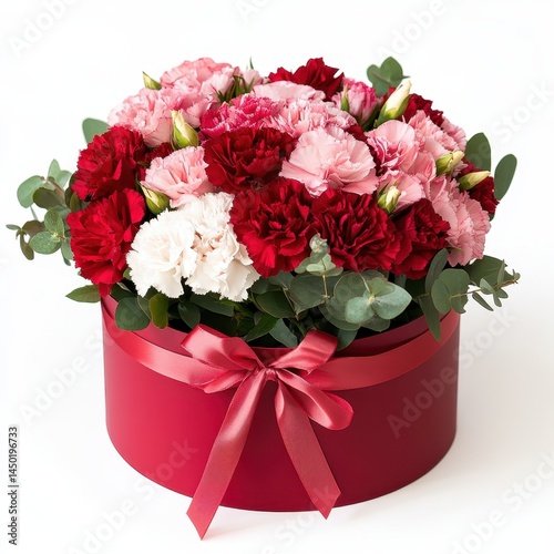 Elegant round floral arrangement featuring vibrant red and soft pink carnations alongside lush greenery in a decorative box with a bow.