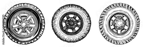 The vehicle tyre, made from isolated black rubber, serves as a modern car spare part and round rim wheel protector