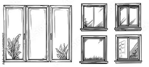Windows featuring opened casements, contemporary white plastic frames, sills, and glass panes, blending architecture and interior design, are showcased with realistic 3D details, including PVC,